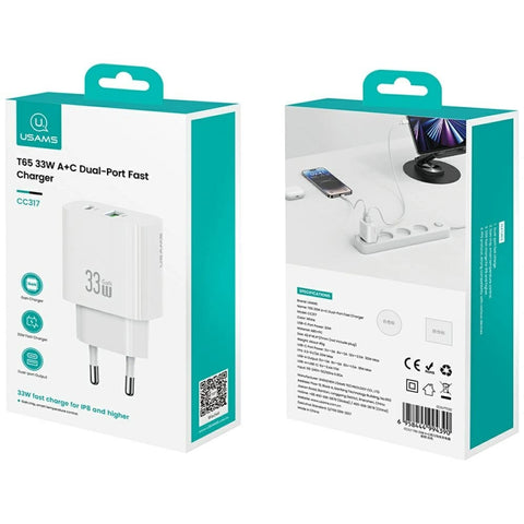 Stenski polnilec USAMS, 1×USB-C, 1×USB-A, 33W