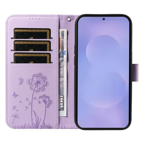 For Samsung Galaxy S26+ 5G Dandelion Embossed Pattern Flip Leather Phone Case(Purple)
