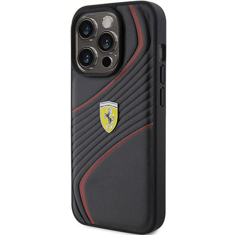 Ferrari Twist Metal Logo ovitek za iPhone 15 Pro, Črn