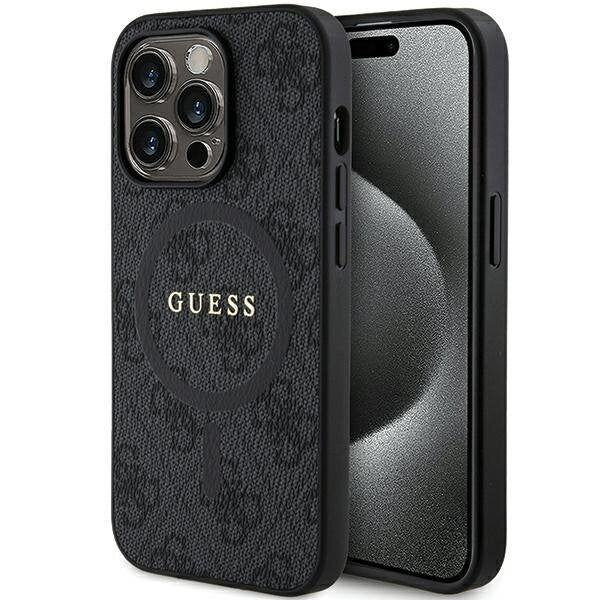 Guess 4G Collection Leather Metal Logo MagSafe ovitek za iPhone 15 Pro, Črn