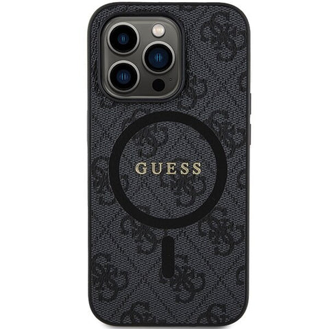 Guess 4G Collection Leather Metal Logo MagSafe ovitek za iPhone 15 Pro, Črn