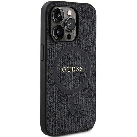 Guess 4G Collection Leather Metal Logo MagSafe ovitek za iPhone 15 Pro, Črn