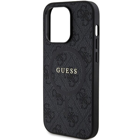 Guess 4G Collection Leather Metal Logo MagSafe ovitek za iPhone 15 Pro, Črn