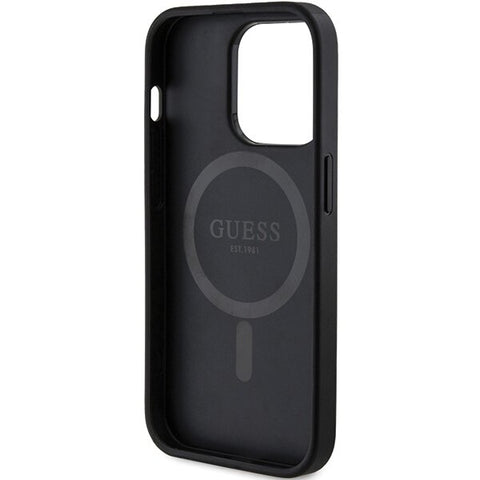 Guess 4G Collection Leather Metal Logo MagSafe ovitek za iPhone 15 Pro, Črn