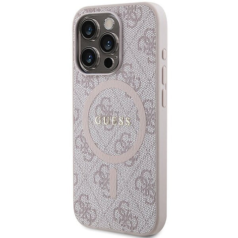 Guess 4G Collection Leather Metal Logo MagSafe ovitek za iPhone 15 Pro, Pink