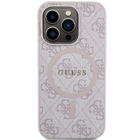 Guess 4G Collection Leather Metal Logo MagSafe ovitek za iPhone 15 Pro, Pink