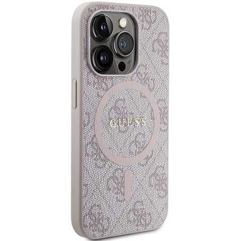 Guess 4G Collection Leather Metal Logo MagSafe ovitek za iPhone 15 Pro, Pink