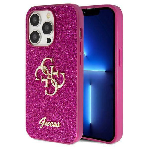 Guess Glitter Script Big 4G ovitek za iPhone 15 Pro, Roza