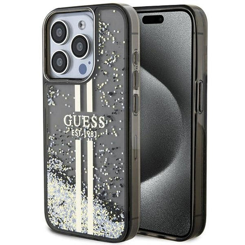 Guess Liquid Glitter Gold Stripes ovitek za iPhone 15 Pro, Črn