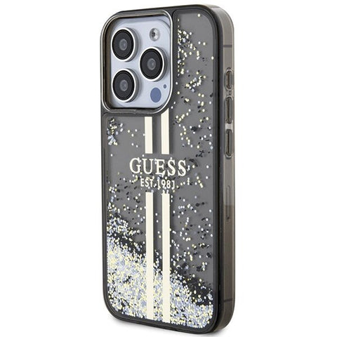 Guess Liquid Glitter Gold Stripes ovitek za iPhone 15 Pro, Črn