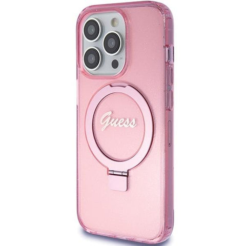 Guess Ring Stand Script Glitter MagSafe ovitek za iPhone 15 Pro, Pink