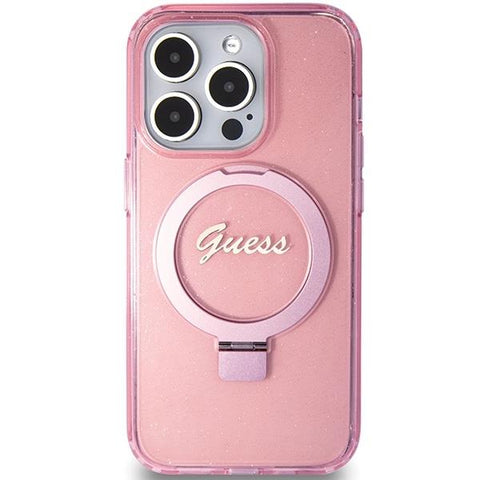 Guess Ring Stand Script Glitter MagSafe ovitek za iPhone 15 Pro, Pink