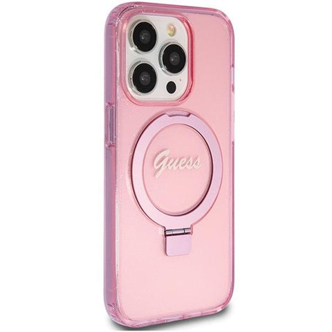 Guess Ring Stand Script Glitter MagSafe ovitek za iPhone 15 Pro, Pink