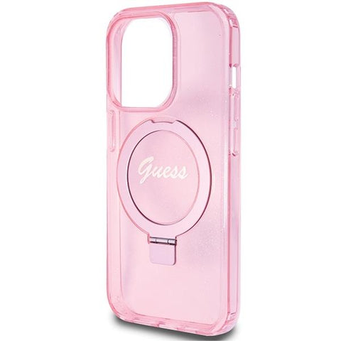 Guess Ring Stand Script Glitter MagSafe ovitek za iPhone 15 Pro, Pink