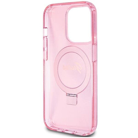 Guess Ring Stand Script Glitter MagSafe ovitek za iPhone 15 Pro, Pink